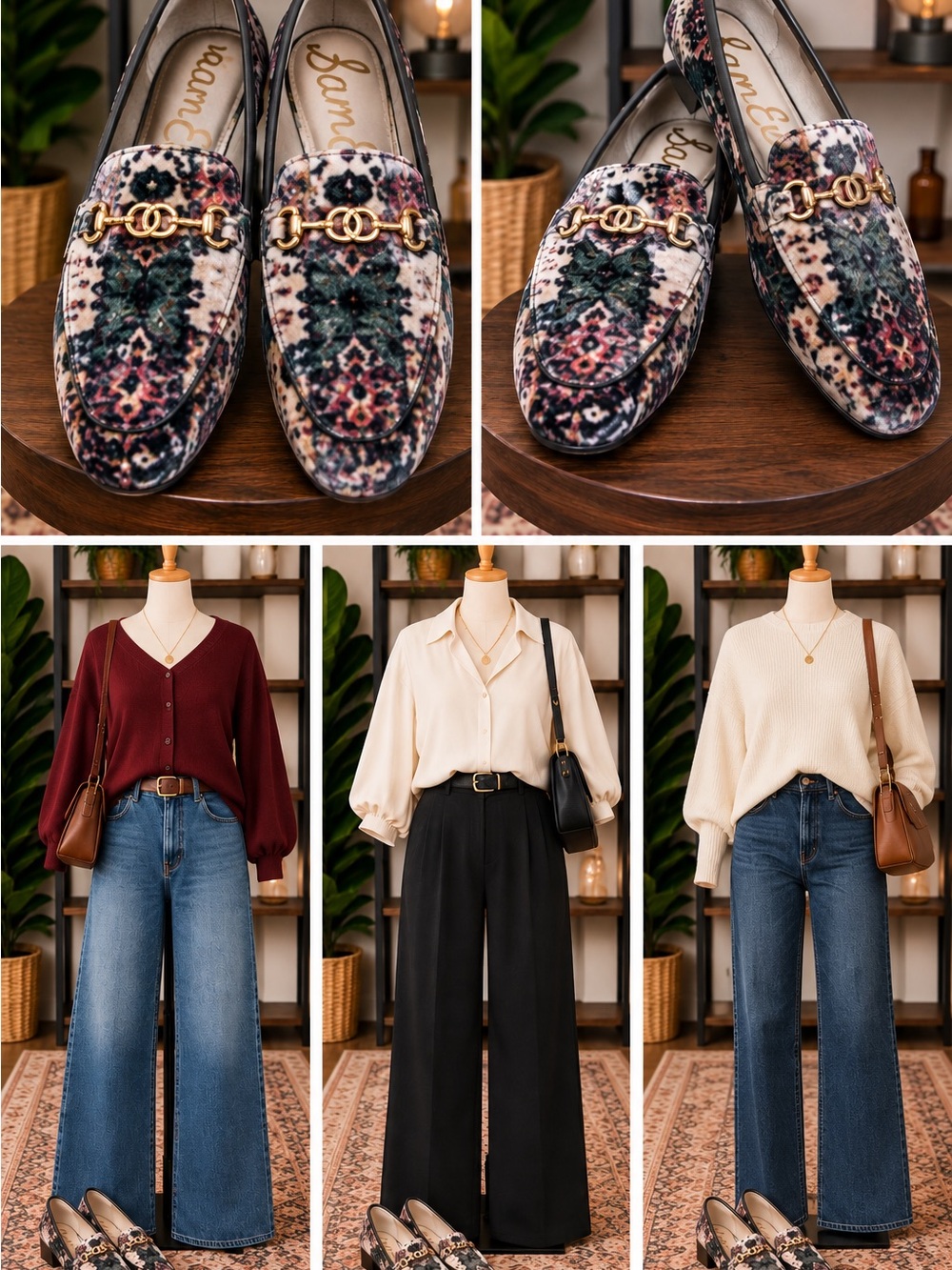 Sam Edelman Multicolor Patterned Velvet Loafers with Gold Chain Accent